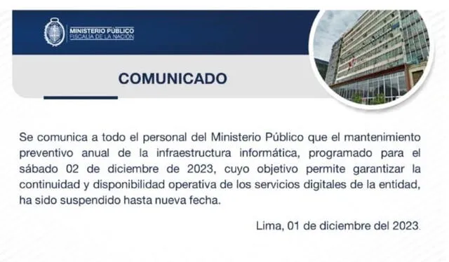 Comunicado del Ministerio Público. Foto: Ministerio Público   