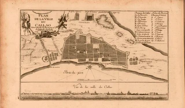  Mapa doblado e impreso del Callao demuestra perfil del establecimiento, detalles de la construcción, una escala, y un compás. En la parte inferior se muestra una vista de aquel Callao perdido cuyos restos han sido descubiertos. Autor: Amédée François Frézier (1717)   