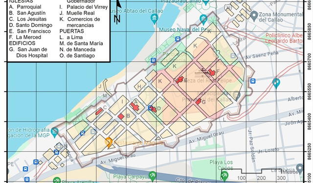 Mapa en el que se superpone el plano del Callao actual con la ciudad perdida recientemente encontrada.   