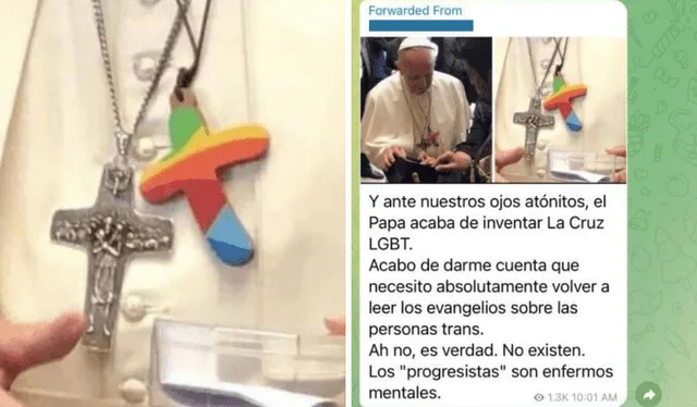  Usuarios aseguraron que el papa había "inventado" una "cruz LGTBT". Foto: captura de Facebook   
