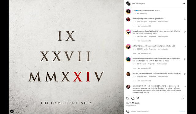 Así anunció Lionsgate el estreno de ‘Saw XI’, el cual se realizará en 2024. Foto: Instagram ‘Saw’   