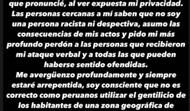  Vanessa López se disculpó por insultos racistas a reporteros de Magaly Medina. Foto: Vanessa López/Instagram   