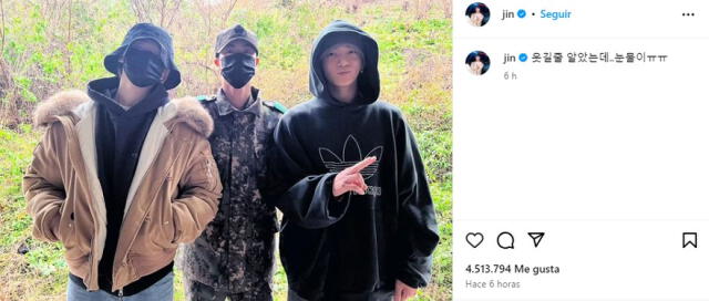 Jin publicó nuevas fotos en su perfil de Instagram. Foto: captura LR/Instagram/Jin   