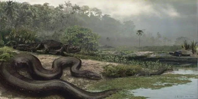  Ilustración donde se representa cómo habría sido el entorno de la titanoboa en el Paleoceno. Foto: Museo de Historia Natural de Florida   