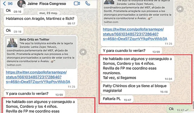  Chat. Villanueva refiere su contacto con Patricia Chirinos. Foto: difusión    
