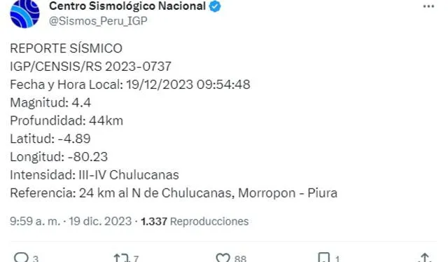  Reporte del IGP del sismo. Foto: Twitter IGP   