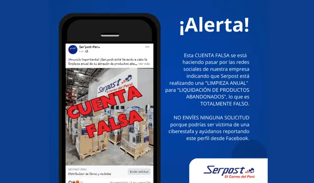  La empresa expuso a la cuenta falsa en sus redes sociales. Foto: Serpost   