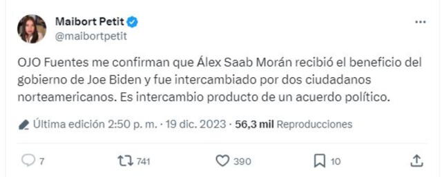  Maibort Petit informa sobre supuesta liberación de Alex Saab. Foto: X<br><br>    