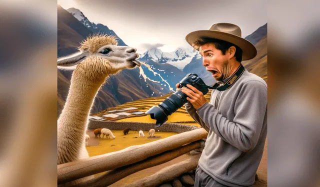  Imagen creada con IA de la alpaca y el fotógrafo de Nat Geo. Foto: composición La República   