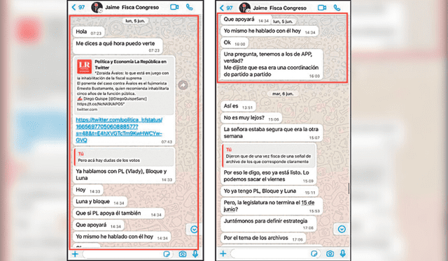  Evidencia. Los chats de Villanueva que confirman las coordinaciones con Vladimir Cerrón. Foto: difusión    