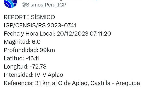  Temblor de magnitud 6 se registró en Arequipa. Foto: IGP   