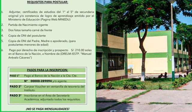 Requisitos para postular al instituto de educación superior público Manuel Arévalo Cáceres. Foto: composición LR/difusión   