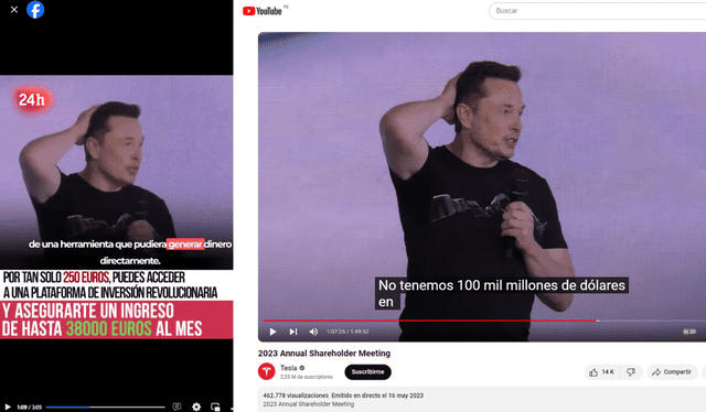  Izquierda: video manipulado. Derecha: grabación original de Tesla. Fotos: capturas Facebook / YouTube   