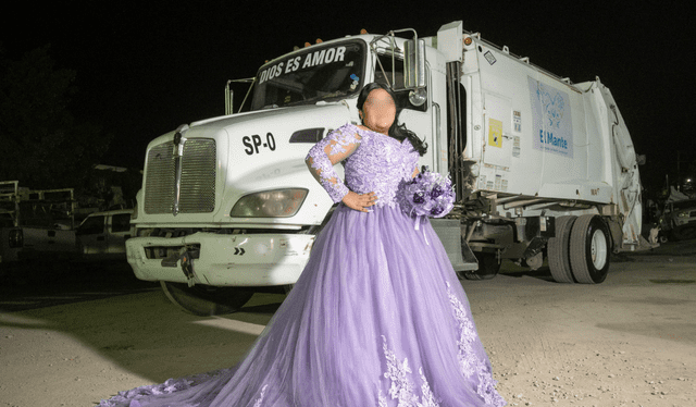  Quinceañera posa al lado del camión de basura que maneja su padre. Foto: Alejandro Pinilla   