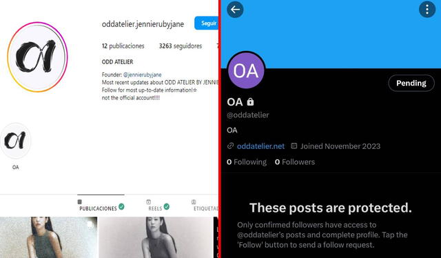 Redes sociales de la que sería la marca personal de Jennie, de BLACKPINK. Foto: captura LR/Instagra/X/ODDATELIER   