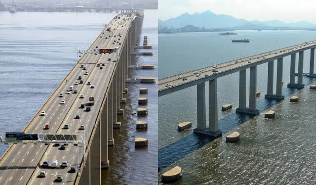 El Puente Río-Niterói cuenta con varias columnas de concreto que lo sostienen sobre el río homónimo. Foto: composición LR/ Mobilidade Rio/difusión   