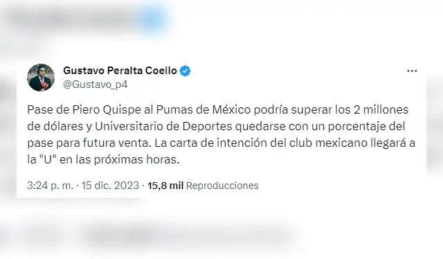 Tuit de Gustavo Peralta sobre Piero Quispe. Foto: captura de X Tuit de Gustavo Peralta sobre Piero Quispe. Foto: captura de X