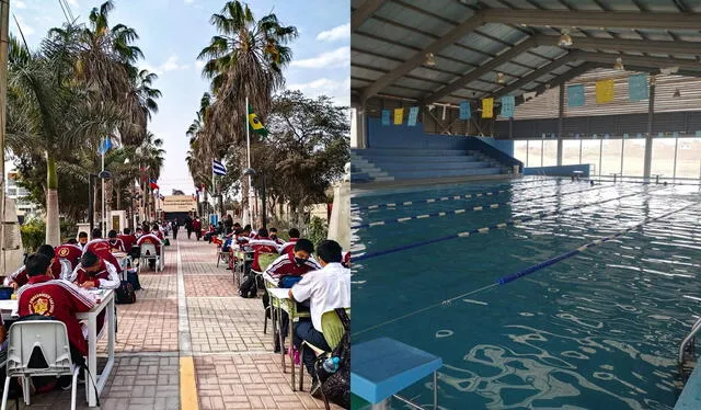 El Colegio Nacional Emblemático San José de Chiclayo tiene exclusivas piscinas para sus alumnos de primaria y secundaria. Foto: composición LR/Facebook   