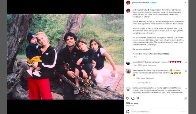 En una de las últimas publicaciones en sus redes, Pedro Suárez-Vértiz publicó una foto con su familia con un tierno mensaje. Foto: Instagram Pedro Suárez - Vértiz 