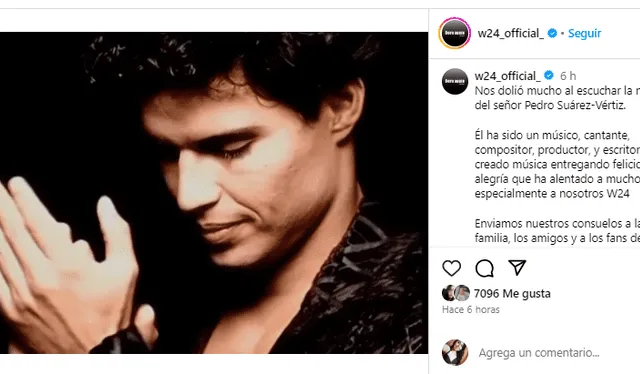  Palabras de W24 en Instagram sobre el fallecimiento del cantante peruano Pedro Suárez-Vértiz. Foto: captura de Instagram   