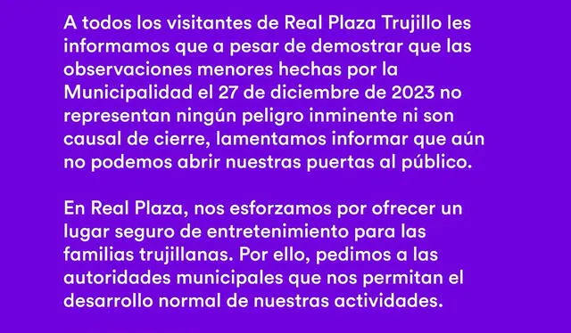 Comunicado. Foto: Real Plaza    