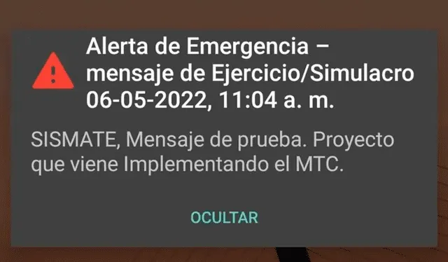  Ejemplo de alarma que llega en Perú. Foto: captura de celular   