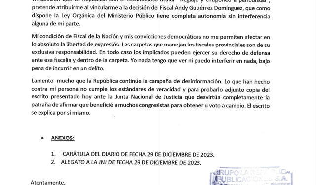 La carta enviada a La República por la abogada y suspendida fiscal Patricia Benavides   