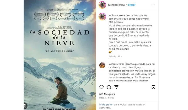 Lucho Cáceres y su crítica a 'La sociedad de la nieve'. Foto: Instagram/Lucho Cáceres   