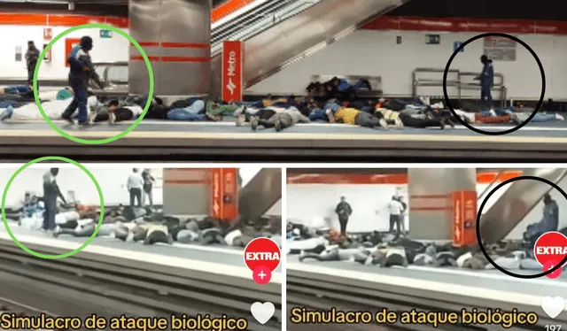  Arriba, imagen viralizada este 9 de enero. Abajo, capturas del video de Extra de Ecuador del simulacro de ataque biológico de agosto del 2023. Foto: TikTok/ Extra   