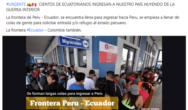  Publicaciones indicaron que habían "largas colas" para solicitar refugio en Perú en la frontera norte. Foto: captura de Facebook   