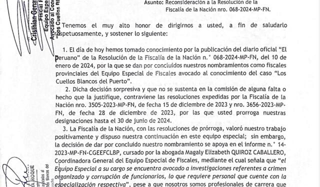 Oficio dirigido al fiscal de la Nación, Juan Carlos Villena - Página 1   