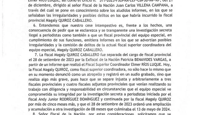 Oficio dirigido al fiscal de la Nación, Juan Carlos Villena. Página 2   