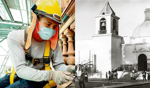  El equipo de Prolima trabajando en restaurar la madera y la Iglesia de la Buena Muerte a mediados del siglo XX. Foto: composición La República    