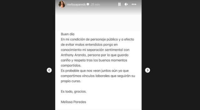  Comunicado de Melissa Paredes sobre Anthony Aranda. Foto: Instagram de Melissa Paredes   