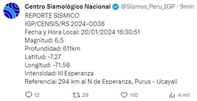 Sismo en Ucayali. Foto: IGP    