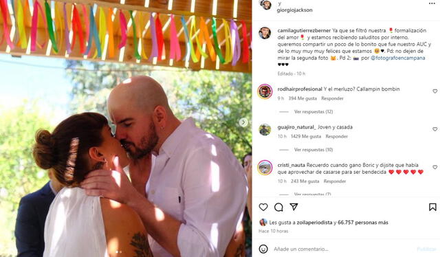 Camila Gutiérrez and Giorgio Jackson celebrate a civil union agreement in a private ceremony.  Photo: Camila Gutiérrez/Instagram   