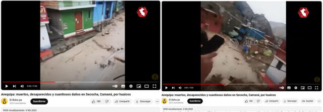  Imágenes del huaico en Secocha, Arequipa, en 2023. En la segunda toma se visualiza el lugar que fue capturado por el post viral. Foto: captura en Youtube / El Búho.<br><br>    