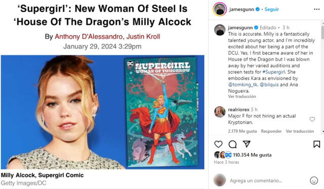  De esta forma, James Gunn confirmó que Milly Alcock sería la nueva Supergirl en el DCU. Foto: Instagram James Gunn    