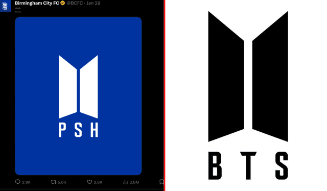  Logo que subió Birmingham City (izquierda) y el logo oficial de BTS (derecha). Foto: composición LR/BCFC/HYBE   