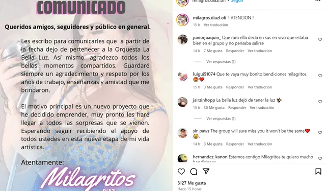 Milagros Díaz is no longer part of La Bella Luz.  Photo: Instagram/Milagros Díaz 