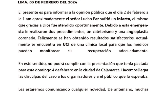  Lucho Paz sufrió un infarto, de acuerdo al comunicado publicado en su Instagram oficial. Foto: Lucho Paz/Instagram   