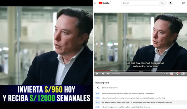 Izquierda: captura del video falso. Derecha: entrevista original a Elon Musk. Foto: YouTube/ TED   