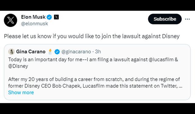  Elon Musk expresó su total apoyo a la demanda interpuesta por Gina Carano. Foto: captura de X    
