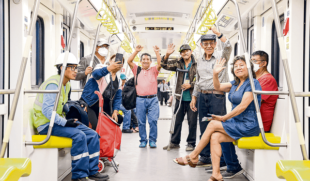  Subterráneo. Los vecinos de Lima este hoy usan, en etapa de prueba, un tramo de la Línea 2 del Metro. Uno de ellos es Ángel Zapana (con gorrita y camisa), quien vive en El Agustino. Foto: difusión    