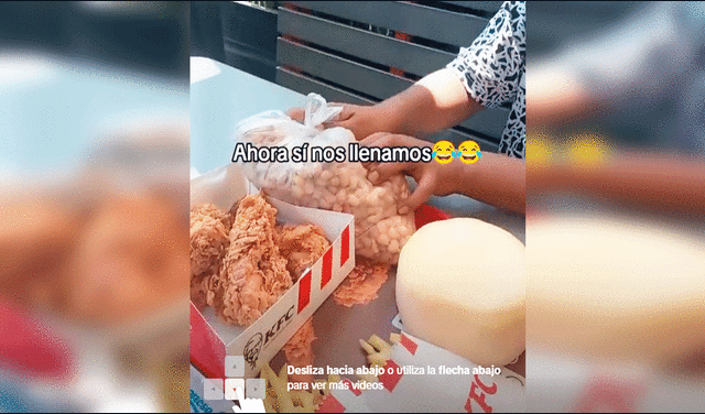  Los jóvenes no dudaron en sacar el mote y el queso para comer junto a su pollo frito del KFC. Foto: composición LR/TikTok/@michaelguardia   