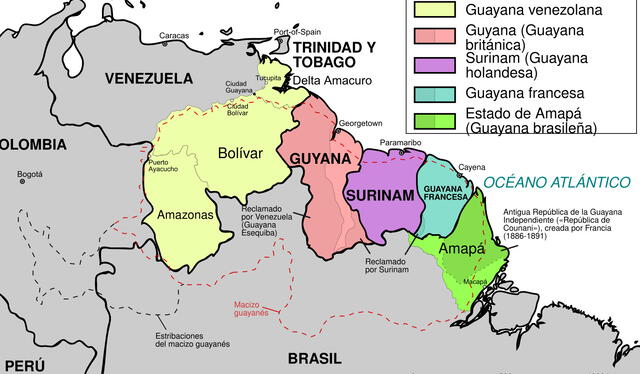 Mapa del territorio conocido como Guyana en Sudamérica. Foto: Media wiki