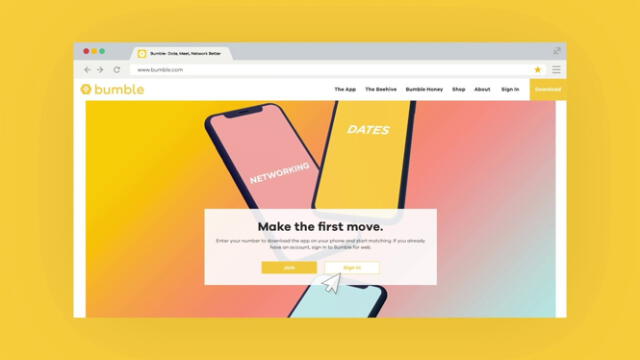  Bumble también está disponible para la web y fue diseñado para usuarios mayores de 18 años. Foto: Bumble.   