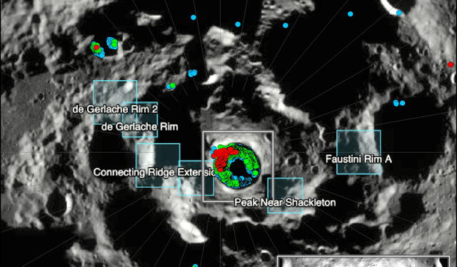  El estudio identificó áreas previstas de inestabilidad de la pendiente superficial en la región del Polo Sur. Los puntos rojos son las áreas con pendientes más inestables. Foto: NASA   