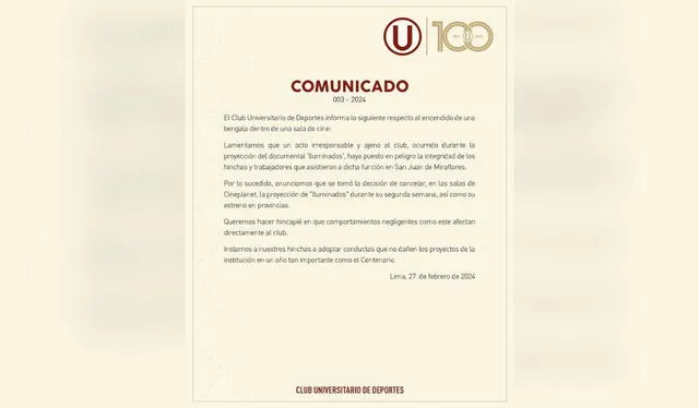 Club Universitario se pronuncia ante lo sucedido en Cineplanet. Foto: captura de Club Universitario/ Facebook   