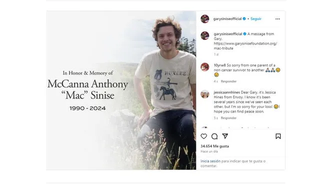  McCanna Anthony Sinise, hijo de Gary Sinise, muere a los 33 años. Foto: Gary Sinise/ Instagram    